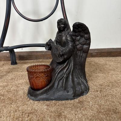 LOT 101: Home Decor Collection: Signed Print, Angel/Candle Statue Candle Holder, Plant Stand