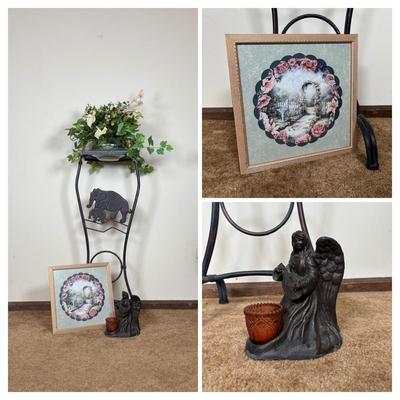 LOT 101: Home Decor Collection: Signed Print, Angel/Candle Statue Candle Holder, Plant Stand