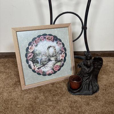 LOT 101: Home Decor Collection: Signed Print, Angel/Candle Statue Candle Holder, Plant Stand