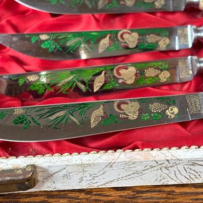 LOT 104: Solinger, Germany Steak Knives w/Hand-Carved Antler Handles featuring Etched and/or Enamel Scene on Blade, Silver Plate and...