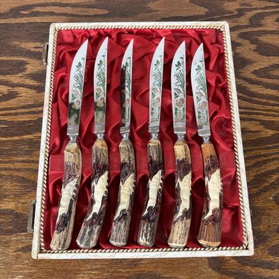 LOT 104: Solinger, Germany Steak Knives w/Hand-Carved Antler Handles featuring Etched and/or Enamel Scene on Blade, Silver Plate and...