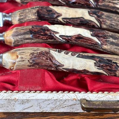 LOT 104: Solinger, Germany Steak Knives w/Hand-Carved Antler Handles featuring Etched and/or Enamel Scene on Blade, Silver Plate and...