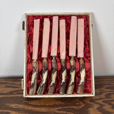 LOT 104: Solinger, Germany Steak Knives w/Hand-Carved Antler Handles featuring Etched and/or Enamel Scene on Blade, Silver Plate and...