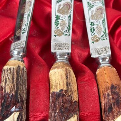 LOT 104: Solinger, Germany Steak Knives w/Hand-Carved Antler Handles featuring Etched and/or Enamel Scene on Blade, Silver Plate and...