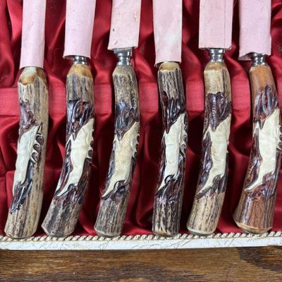 LOT 104: Solinger, Germany Steak Knives w/Hand-Carved Antler Handles featuring Etched and/or Enamel Scene on Blade, Silver Plate and...