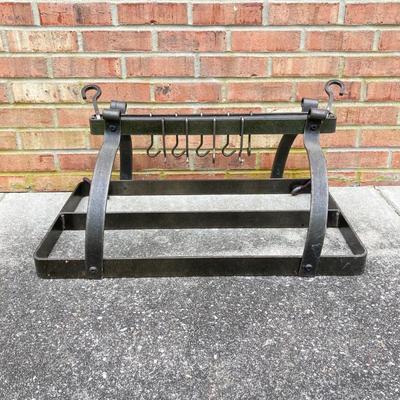LOT 113: Heavy Duty Metal Hanging Kitchen Rack with Three Copper Bottom Pans