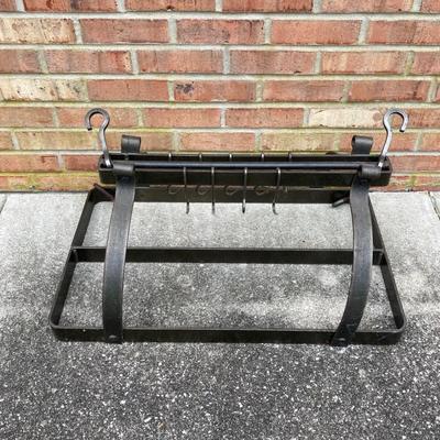 LOT 113: Heavy Duty Metal Hanging Kitchen Rack with Three Copper Bottom Pans