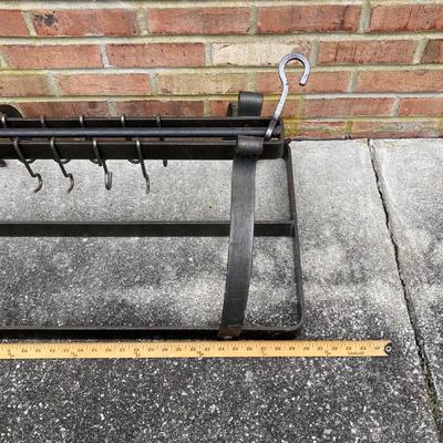 LOT 113: Heavy Duty Metal Hanging Kitchen Rack with Three Copper Bottom Pans