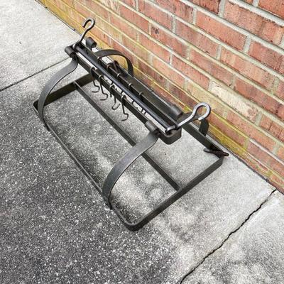 LOT 113: Heavy Duty Metal Hanging Kitchen Rack with Three Copper Bottom Pans