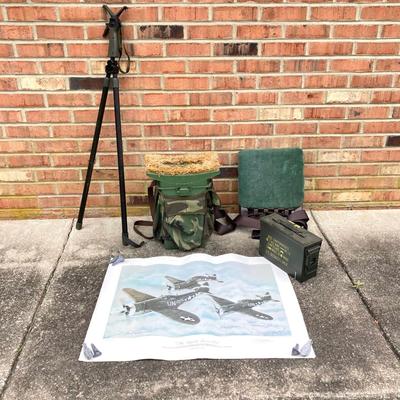 LOT 116: Primos Trigger Rifle Stick / Holder, Hunter's Seats (Woodstream and More), Ammo Box and "The Spirit Lives On"...