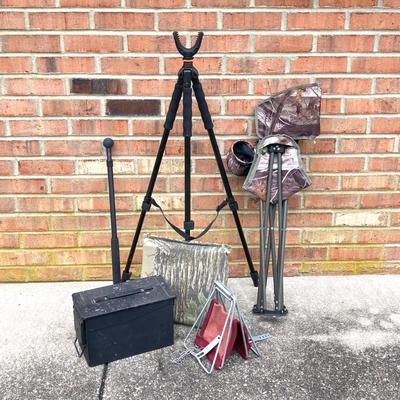 LOT 117: Vanguard Quest T62U Rifle Stand / Tripod / Holder, Seats, Ammo Box and More