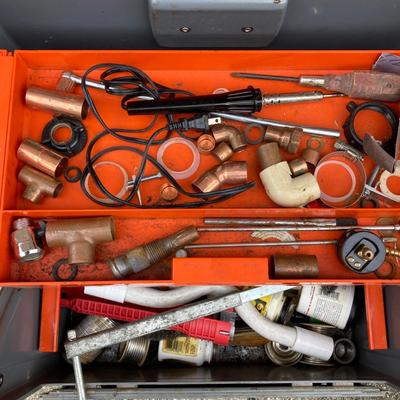 LOT 118: Plumber's Tool Collection - Flambeau Toolbox with Contents, Copper Pipe, General Drain Cleaner Snake Tool
