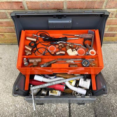 LOT 118: Plumber's Tool Collection - Flambeau Toolbox with Contents, Copper Pipe, General Drain Cleaner Snake Tool