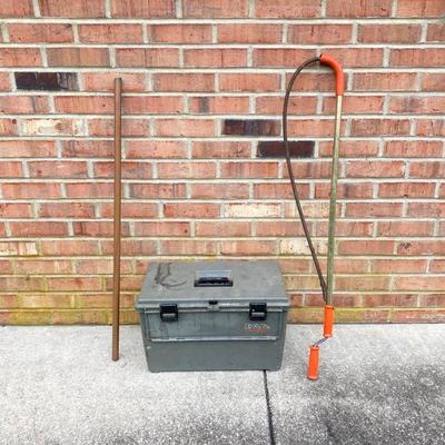 LOT 118: Plumber's Tool Collection - Flambeau Toolbox with Contents, Copper Pipe, General Drain Cleaner Snake Tool
