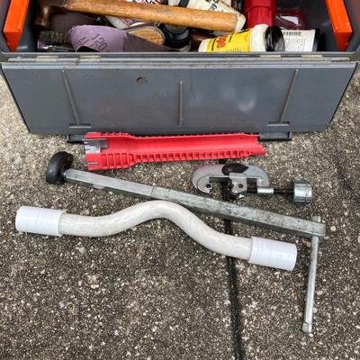 LOT 118: Plumber's Tool Collection - Flambeau Toolbox with Contents, Copper Pipe, General Drain Cleaner Snake Tool