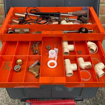 LOT 118: Plumber's Tool Collection - Flambeau Toolbox with Contents, Copper Pipe, General Drain Cleaner Snake Tool