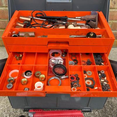 LOT 118: Plumber's Tool Collection - Flambeau Toolbox with Contents, Copper Pipe, General Drain Cleaner Snake Tool