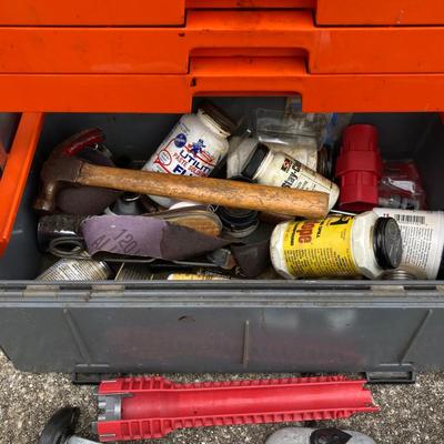 LOT 118: Plumber's Tool Collection - Flambeau Toolbox with Contents, Copper Pipe, General Drain Cleaner Snake Tool
