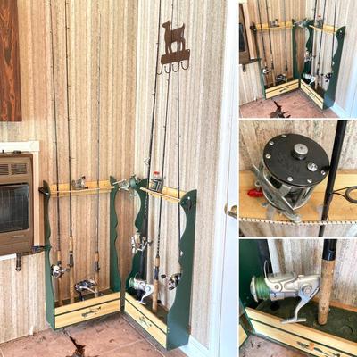 LOT 120: Wooden Fishing Rod Holder with Rods and Reels