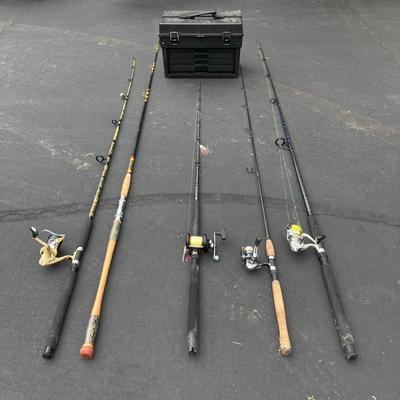 LOT 121: Fishing Rods, Reels by Penn and Daiwa and Other and a Tackle Box