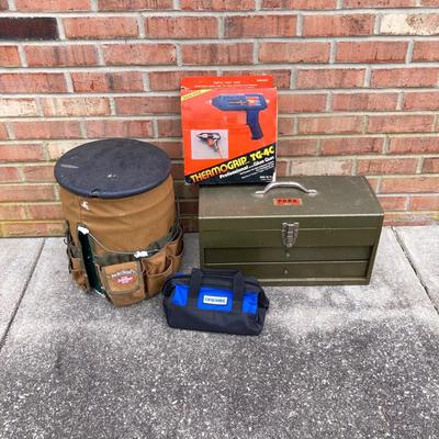 LOT 122: Bucket Seat Tool Box/Bag with Hardware, a Park Metal Tool Box with Tools and More