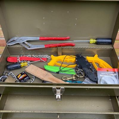 LOT 122: Bucket Seat Tool Box/Bag with Hardware, a Park Metal Tool Box with Tools and More