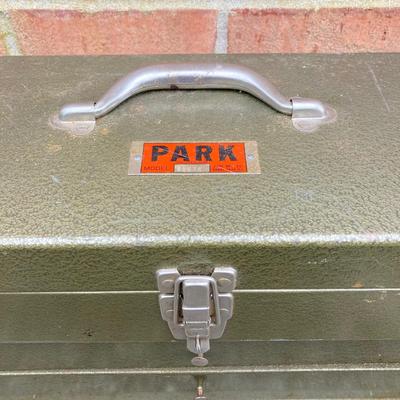 LOT 122: Bucket Seat Tool Box/Bag with Hardware, a Park Metal Tool Box with Tools and More