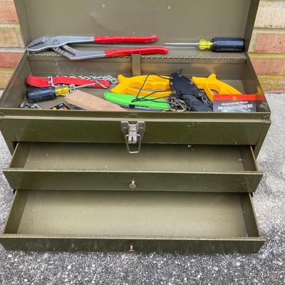 LOT 122: Bucket Seat Tool Box/Bag with Hardware, a Park Metal Tool Box with Tools and More
