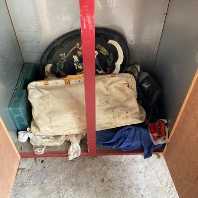 LOT 124: Rolling Moving Dolly, Tool Storage Box and Contents of Work Bench / Shelves Above