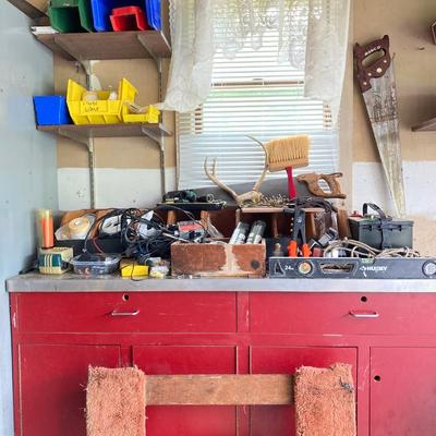 LOT 124: Rolling Moving Dolly, Tool Storage Box and Contents of Work Bench / Shelves Above