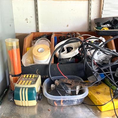 LOT 124: Rolling Moving Dolly, Tool Storage Box and Contents of Work Bench / Shelves Above