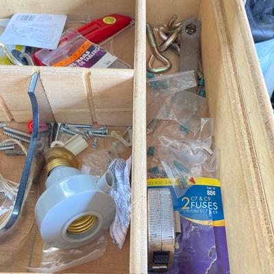 LOT 124: Rolling Moving Dolly, Tool Storage Box and Contents of Work Bench / Shelves Above
