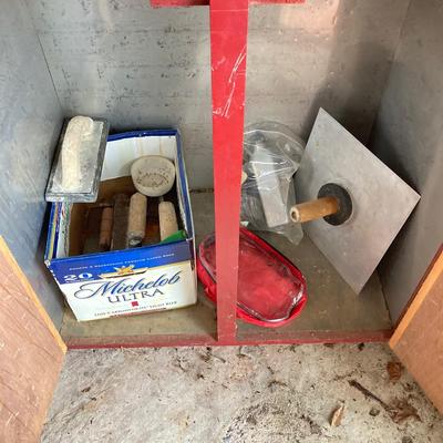 LOT 124: Rolling Moving Dolly, Tool Storage Box and Contents of Work Bench / Shelves Above