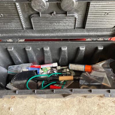 LOT 124: Rolling Moving Dolly, Tool Storage Box and Contents of Work Bench / Shelves Above