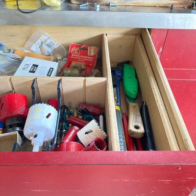 LOT 124: Rolling Moving Dolly, Tool Storage Box and Contents of Work Bench / Shelves Above