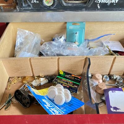 LOT 124: Rolling Moving Dolly, Tool Storage Box and Contents of Work Bench / Shelves Above
