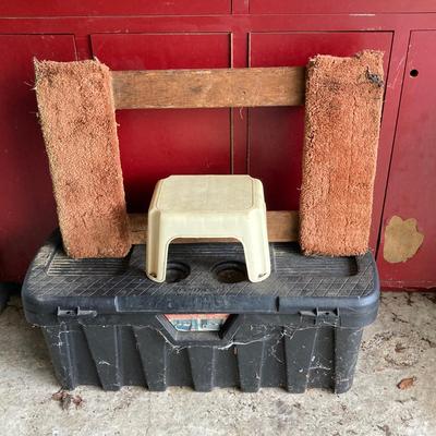LOT 124: Rolling Moving Dolly, Tool Storage Box and Contents of Work Bench / Shelves Above