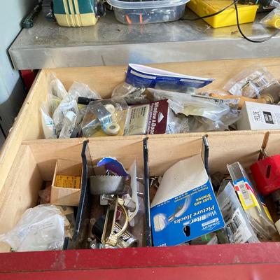 LOT 124: Rolling Moving Dolly, Tool Storage Box and Contents of Work Bench / Shelves Above