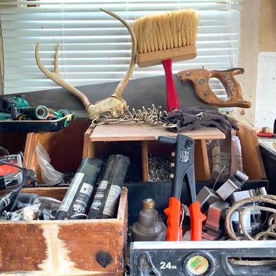 LOT 124: Rolling Moving Dolly, Tool Storage Box and Contents of Work Bench / Shelves Above
