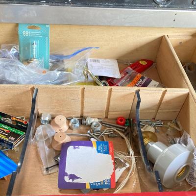 LOT 124: Rolling Moving Dolly, Tool Storage Box and Contents of Work Bench / Shelves Above