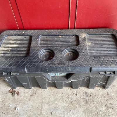 LOT 124: Rolling Moving Dolly, Tool Storage Box and Contents of Work Bench / Shelves Above