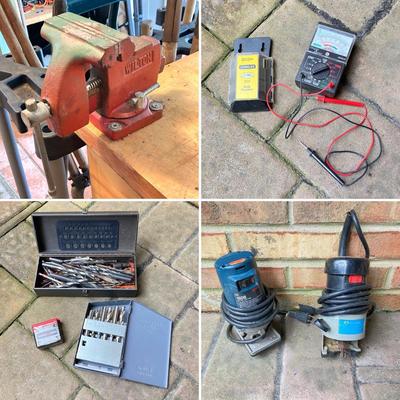 LOT 127: Wilton Bench Vise, Bosch Model 1608 Tool, Rockwell Laminate Trimmer Base Model 3991, Tap and Drill Bits and More