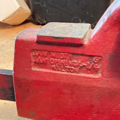 LOT 127: Wilton Bench Vise, Bosch Model 1608 Tool, Rockwell Laminate Trimmer Base Model 3991, Tap and Drill Bits and More