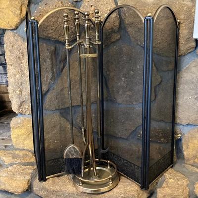 LOT 130: Brass Trimmed Fireplace Screen with Brass Fireplace Tools / Stand