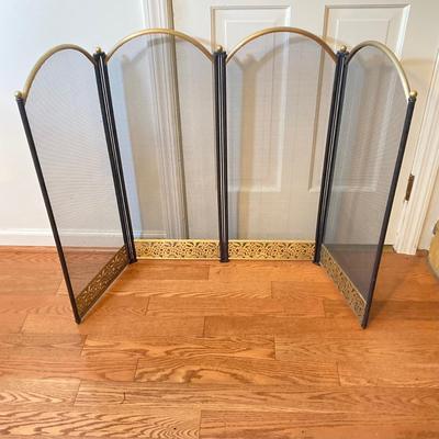 LOT 130: Brass Trimmed Fireplace Screen with Brass Fireplace Tools / Stand