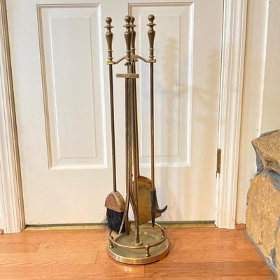 LOT 130: Brass Trimmed Fireplace Screen with Brass Fireplace Tools / Stand