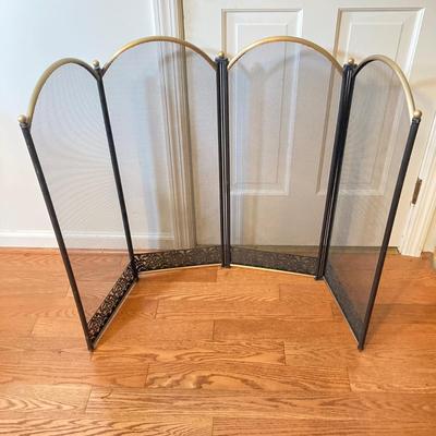 LOT 130: Brass Trimmed Fireplace Screen with Brass Fireplace Tools / Stand