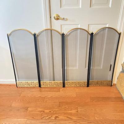 LOT 130: Brass Trimmed Fireplace Screen with Brass Fireplace Tools / Stand