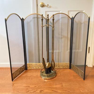LOT 130: Brass Trimmed Fireplace Screen with Brass Fireplace Tools / Stand