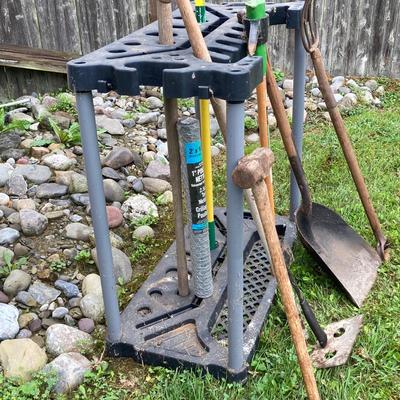 LOT 134: Gardening Tool Rack with Shovels, Pick, Ax, Hoe and More